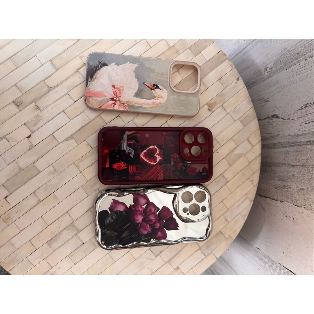 iPhone 15 Pro Max Case Bundle Set of 3 Swan Heart Rose Mirror Wavy Coque